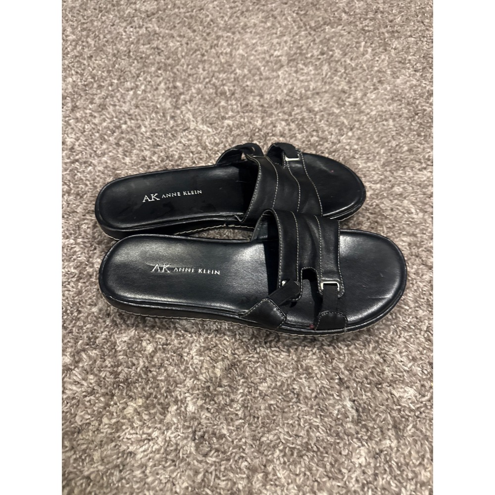Anne Klein Black Leather Slide Sandals Contrast Stitch Silver Hardware 10 Insole